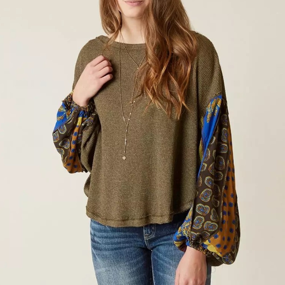 NEW BAEA boho waffle knit ballon sleeve printed top XL